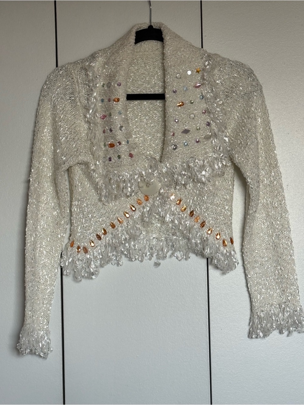 Vintage Beaded Fringe Knit Cardigan Sweater in Cream - Picture 6 of 6